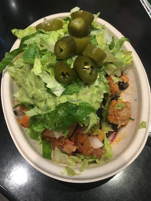 Vegan burrito bowl with sobrosso, black beans, tula salsa, brown rice and guacamole  at Tolteca in Dublin