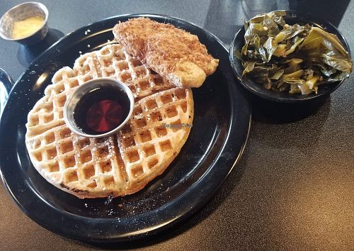 Chiken and Waffles with a side of greens at ITSO Vegan in Grand Prairie