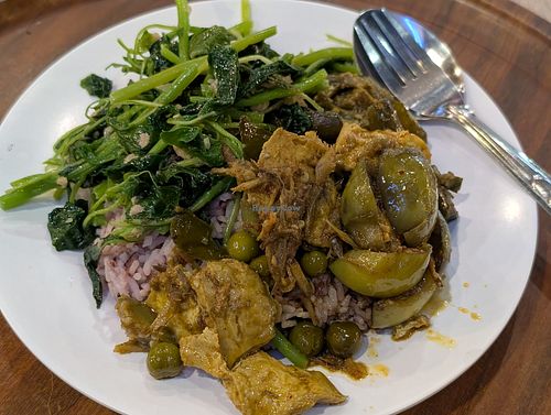 Three dishes on rice at So Vegan - Gateway Ekkamai in Bangkok