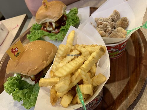 Burger, fries and popcorn mushrooms at So Vegan - Gateway Ekkamai in Bangkok
