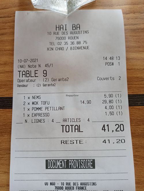 The bill at Hai Ba in Rouen