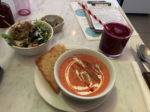 Roasted red pepper soup, side salad, beet/strawberry juice   at Dauns in East London