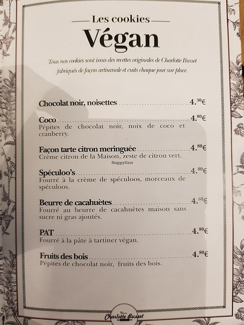 Vegan cookie menu at Maison Charlotte Busset in Cannes