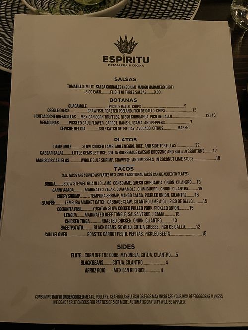 Menu  at Espíritu in New Orleans