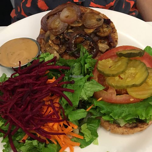 teriyaki burger (vegan patty with fried onions and mushrooms, teriyaki sauce & salad at Ananda Fuara in San Francisco