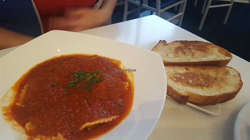 Vegan ravioli and garlic bread at Ananda Fuara in San Francisco