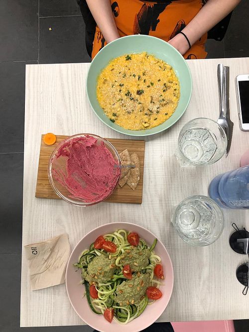 Delicious pumpkin risotto and zoodles with beet hummus  at La JunGla in Valencia