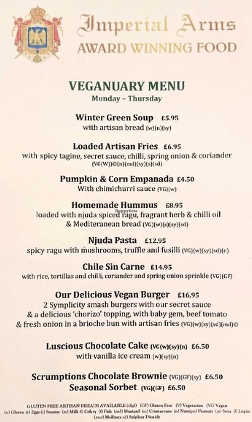 Veganuary 2026 menu at The Imperial Arms in Chislehurst