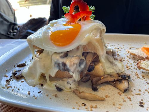 Mushroom francesinha with egg (Vegetarian) at Tudo aos Molhos in Sao Joao Da Madeira
