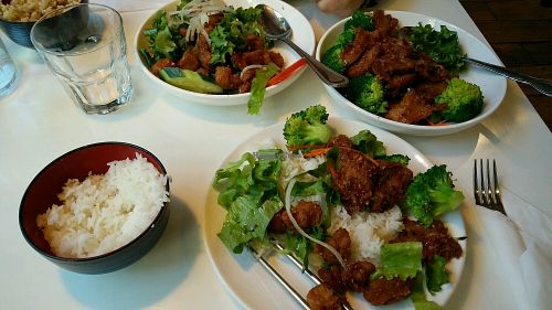 Two of the specials, the Lemongrass deluxe and something else at Golden Era Vegan Restaurant in San Francisco