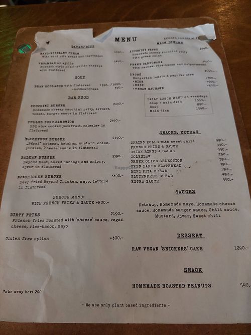 Menu at Szabad Bisztro in Budapest
