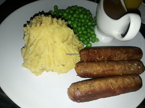 Vegan sausages and mash with peas and vegan gravy at Archers in Chiang Mai