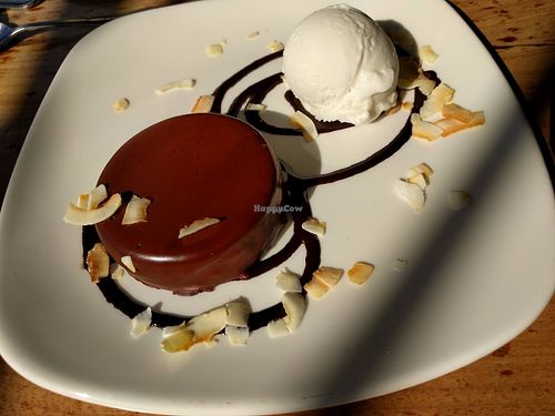 Chocolate Mousse with coconut crust, chocolate sauce & coconut sorbet at Greens Restaurant in San Francisco