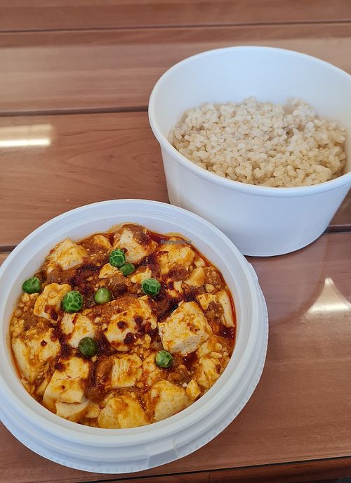 Mapo Tofu and brown rice at Loving Hut in Tokyo