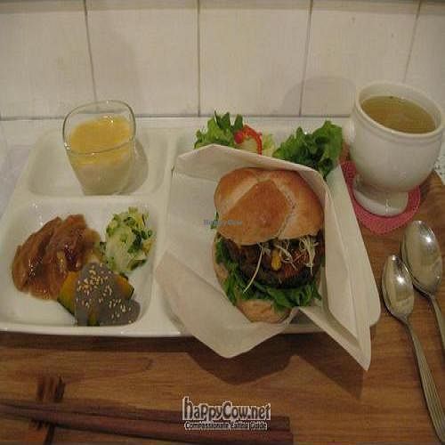 Burger meal at Loving Hut in Tokyo