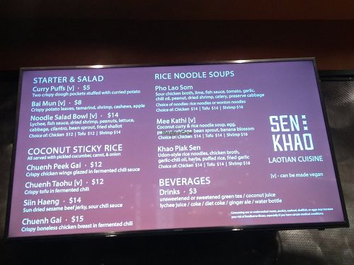 The menu at Sen Khao in Mclean