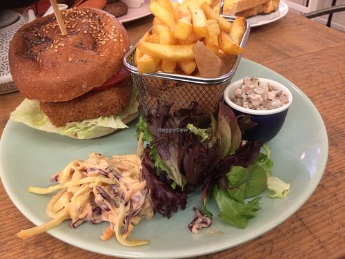 Fish burger - with chips, homemade tartar sauce, salad and coleslaw at Ultimate Vegan Cafe in Lichfield