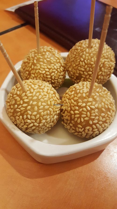 Mung bean paste filled sesame balls for dessert at Enjoy Vegetarian Restaurant - Sunset District in San Francisco