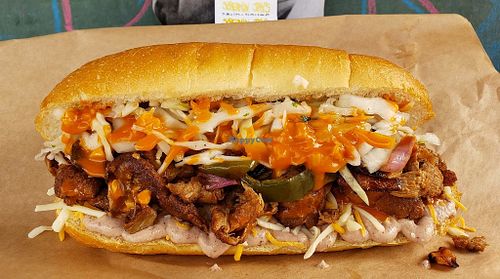 Vegan BBQ Pulled Tofu called the Townes Van Zandtwich!! The texture is unreal, and so tasty! at Screamin' Jay's in Eugene