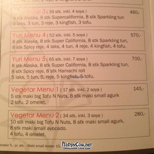 menu at Yuri Sushi in Copenhagen