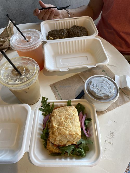 Vegan biscuits and gravy and vegan sandwich at Honest Biscuits in Seattle