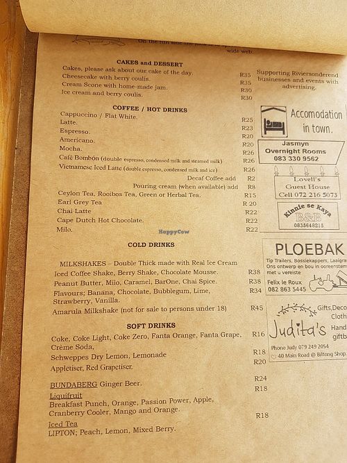 Menu at The Padloper in Riviersonderend