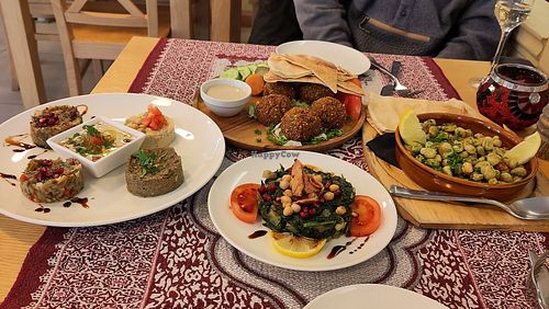 Tapas from starters. We asked to replace yogurt sauce and got brown beans instead (left side) at ARAMIA Podzamcze in Szczecin