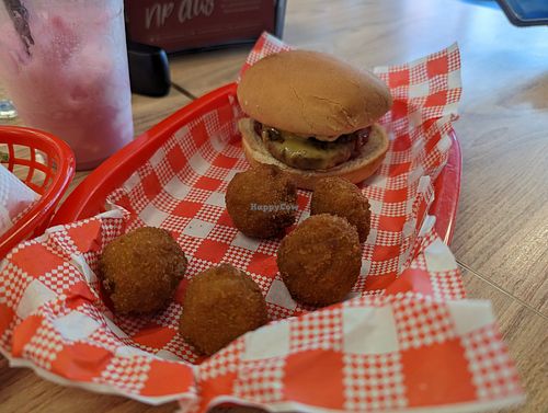 Burger with mac and cheese balls at Lord of the Fries in Newtown
