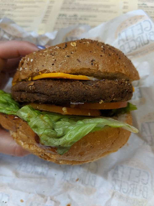 Vegan Cheese burger with added vegan mayo, tomato, and lettuce at Getta Burger in North Ward