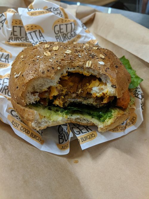Crispy vegan burger (sorry about the bite, was a bit hungry) at Getta Burger in North Ward