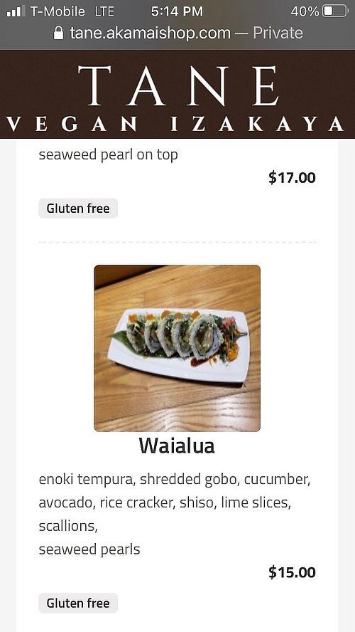  at Tane Vegan Izakaya in Honolulu