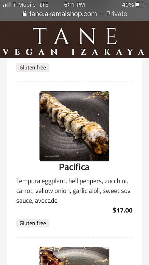  at Tane Vegan Izakaya in Honolulu