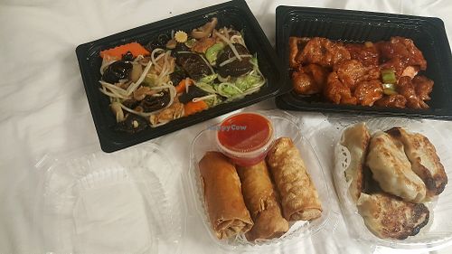 Lucky Chow Mien, Sweet and Sour ";pork";, spring rolls and potstickers at Lucky Creation Vegetarian in San Francisco