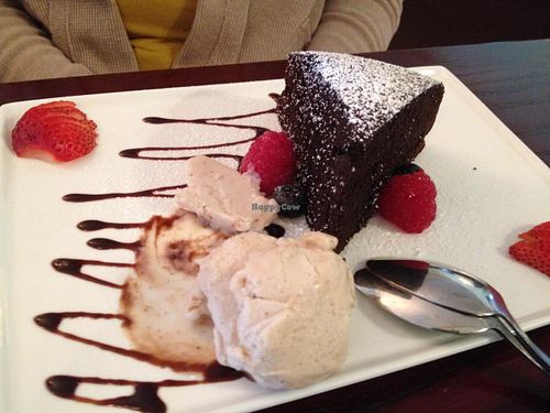 Gluten-free warm chocolate cake with soy ice cream  at Mi Lah Vegetarian in Ambler