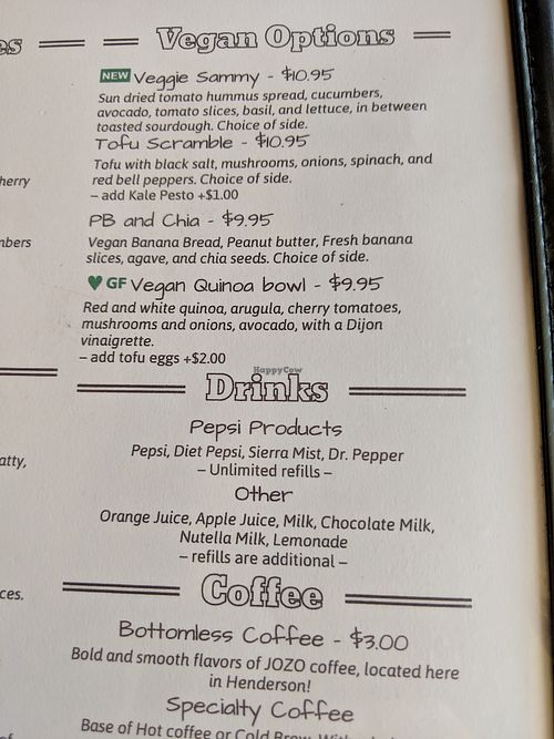 Menu section showing vegan items. Coffees also can have almond or soy milk. at The Mad Batter in Henderson