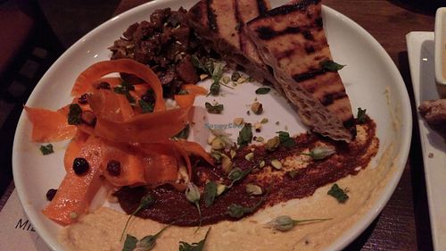 spring 2016: Lebanese Mezze: mushrooms, hummus, carrot, muhammara, edible flowers, pistachio at Millennium in Oakland