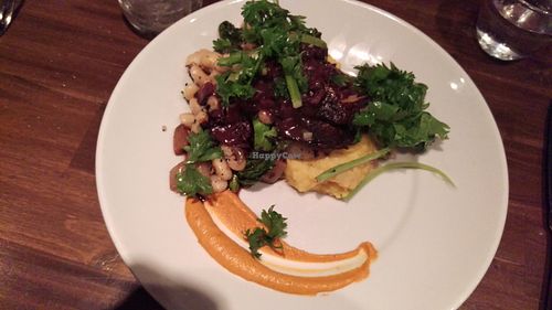 spring 2016: coffee rubbed portobello mushroom, cashew potatoes, brocolli, grilled beans, at Millennium in Oakland