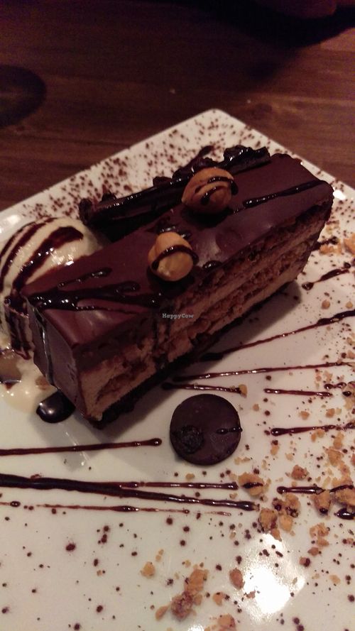 spring 2016: Hazelnut, chocolate, caramel cake with salted caramel ice cream at Millennium in Oakland