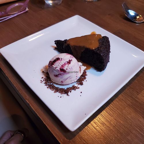 Chocolate Stout cake with Strawberry Creme Ice cream at Millennium in Oakland