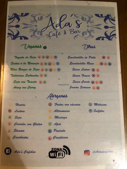 Carta at Ada's Cafe Bar in Almeria