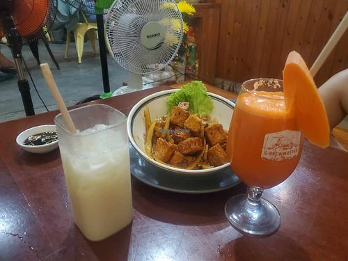Tofu (without the rice), carrot juice and rice milk at ROM Vegetarian Restaurant in Hoi An