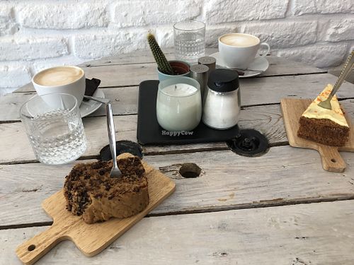Vegan choco cake and oat cappuccino at Preps in Maastricht