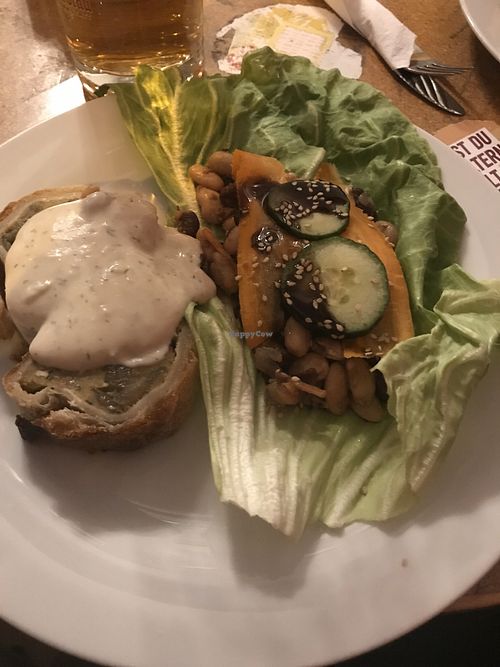 Meal of the day- vegan veg strudel, soy cream and side salad at Grasgrun in Vienna