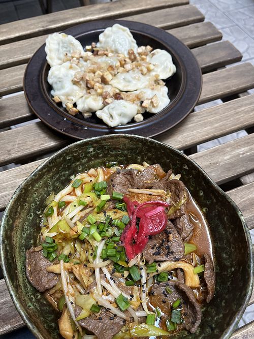 Ramen and spinach/sun dried tomato pierogis   at no bones in Krakow