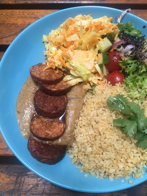 Tempeh teriyaki with rice, veggies and satay sauce  at no bones in Krakow
