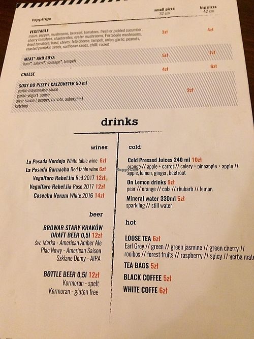 Menu at no bones in Krakow
