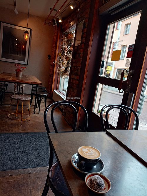A chocolate ball with a Cappuccino on oat at Simon's in Linkoping