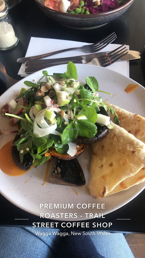 Flatbread- They swapped the pork out for mushrooms and removed the sauce for me. So delicious! Ask for vegan options and they’re super helpful!  at Trail Street in Wagga Wagga