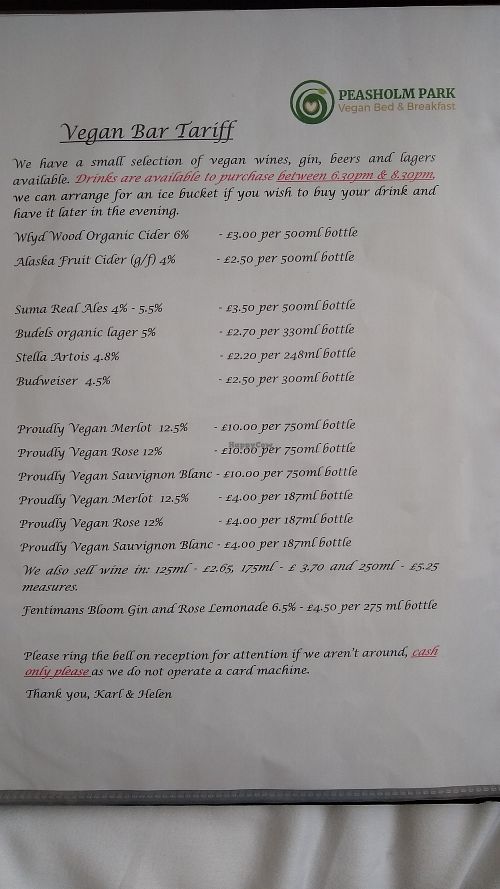 Drinks list at Peasholm Park Vegan B&B in Scarborough