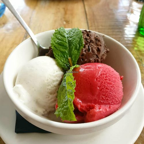 Vegan Chocolate and Vanilla Icecream with Raspberry Sorbet at Ego Mediterranean in Warrington